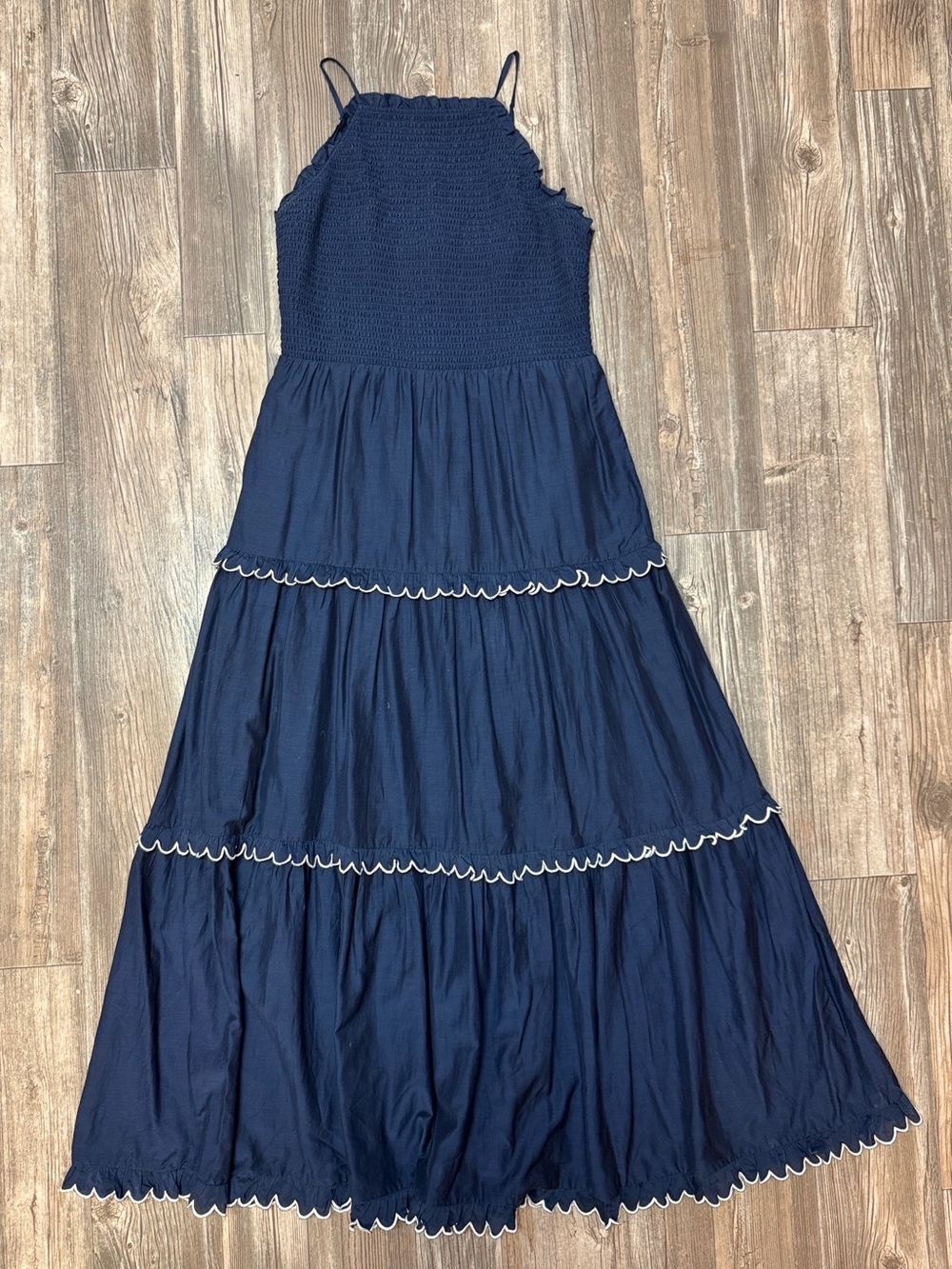 Ann Taylor Navy Smocked Tiered Maxi Dress Scallop Trim Square Neck M - Picture 2 of 4